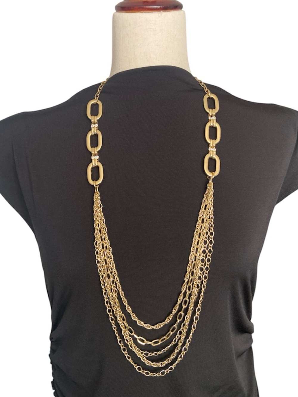 Vintage-Inspired Gold Tone Statement Necklace with Rhinestone Embellishments EUC